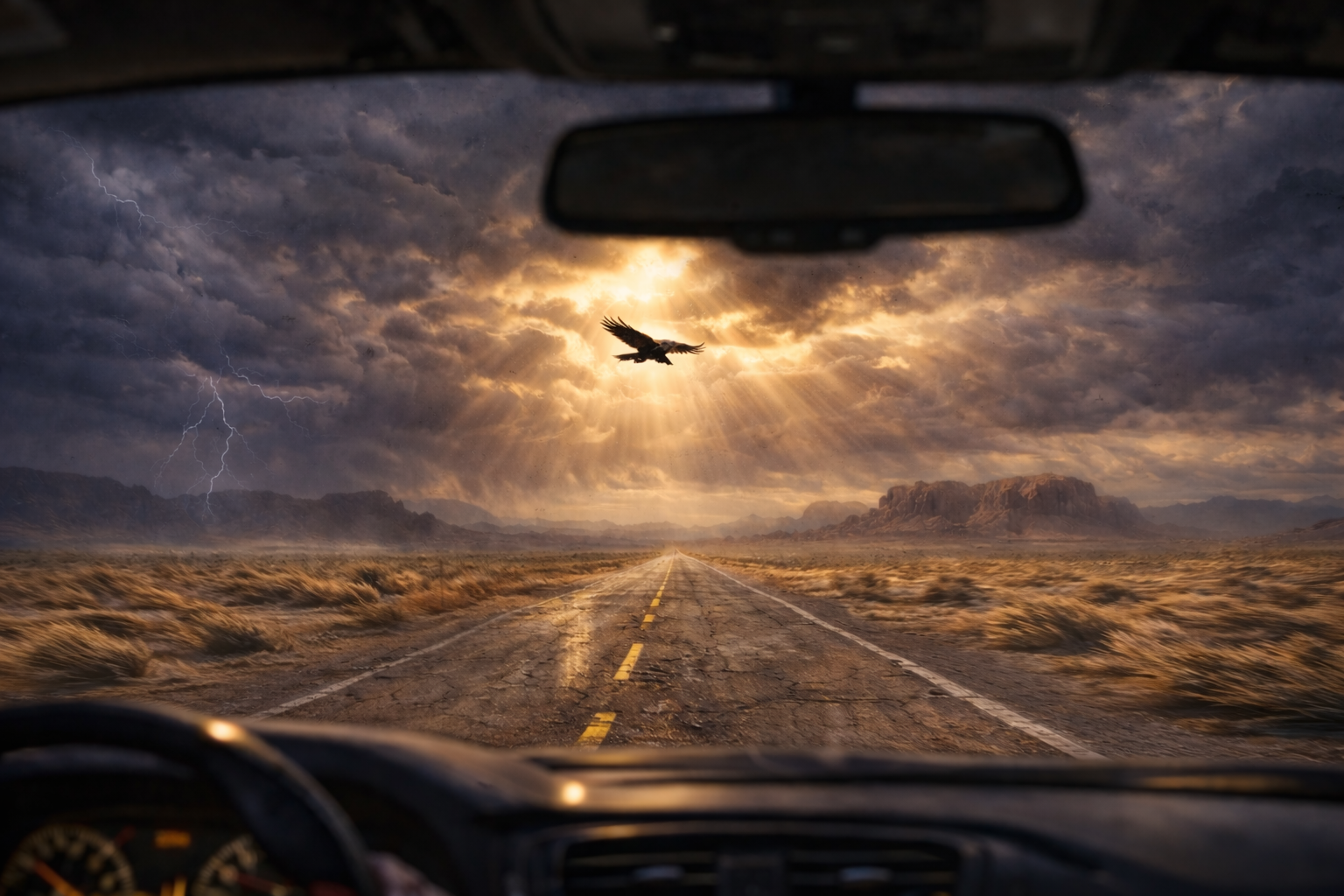 A raven suspended above a Nevada desert highway, wings beating against the wind